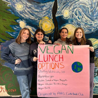The Earth-Based Club’s (members include Adelina, Harlow, Jenna, and Isabella) successful campaign to add vegan options at their school