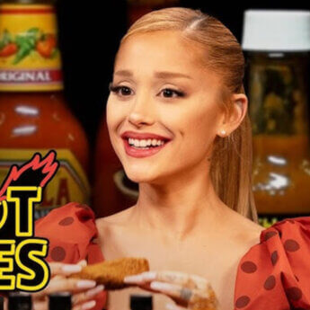 Ariana Grande talking about being plant-based on <em>Hot Ones</em>.